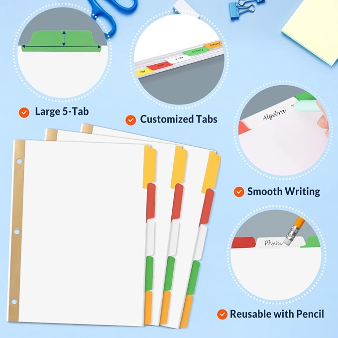 SUNEE Binder Dividers with Colorful Write On & Erase Tabs for 3 Ring Binder, 8.5 x 11 Paper White Reusable Dividers Blank with 5 Tabs, 20 Sets Page Dividers for School, Office and Home, 100 Dividers