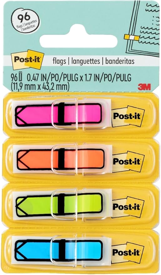 Post-it Arrow Flags, Assorted Bright Colors, .47 in Wide, 24/Dispenser, 4 Dispensers/Pack (684-ARR4)
