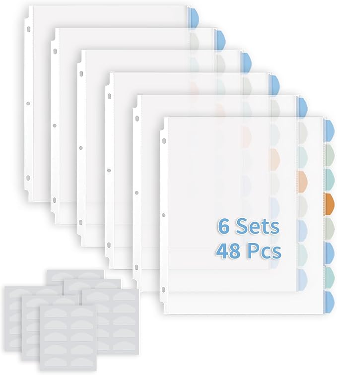 Binditek 48 Pack Heavyduty Clear Sheet Protectors with 8 Tabs, 45 Sheets Capacity, 8.5 x 11 inch Plastic Dividers for 3 Ring Binder, Insertable Index Divider, Letter Size, 6 Set, Label Sticker