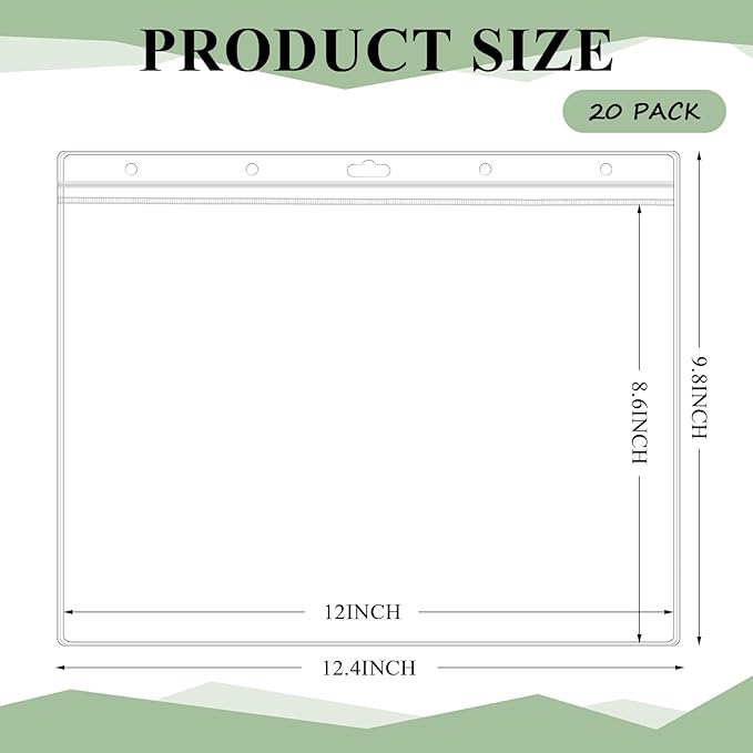 20 Pcs Heavy Duty Sheet Protector 8.5 x 11 Inch Job Ticket Holder Waterproof Resealable Zip Page Wall Sign Holder Clear Dry Erase Document Sleeve Magazine Protector Horizontal(12.4 x 9.8 Inch)