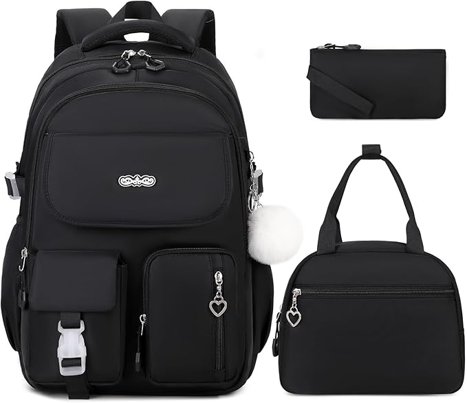 Backpacks for Girls, 3PCS School Backpack with Lunch Box Pencil Pouch for Teen Girls Kids Elementary Primary Middle High College Travel School bag Bookbag Set （Black）