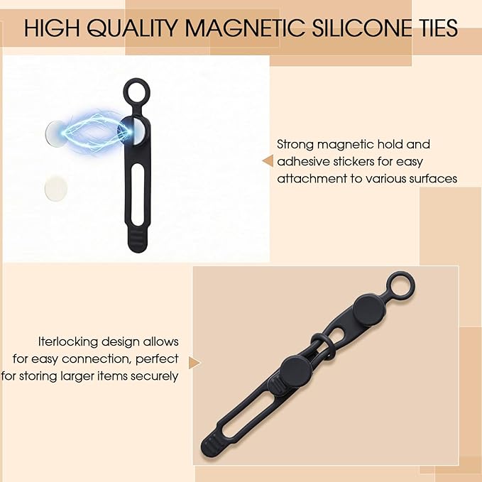 Geelin 10 Pack Magnetic Silicone Cable Ties bulk Reusable Cable Organizer Straps for Cord Management Magnetic Wire Ties for USB Cables Headphones Charger Cords Curtain Towel Straps (Black)