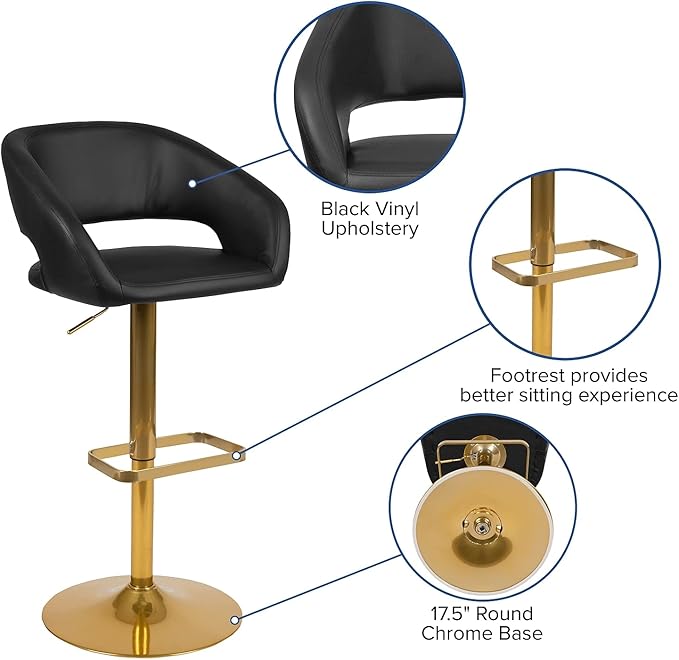 Flash Furniture Erik Comfortable & Stylish Contemporary Barstool with Rounded Mid-Back and Foot Rest, Adjustable Height - Black Vinyl with Gold Base, Set of 2