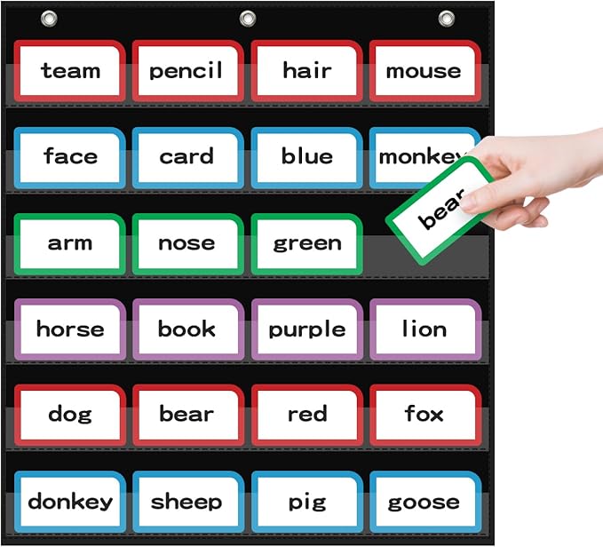 20”W x 25”H Classroom Words Pocket Chart with 6 Clear Pockets, Black Standard Pocket Chart for Classroom and Home for Sentence Strips, Reusable Clear Pocket Hanging Words Chart (Black)