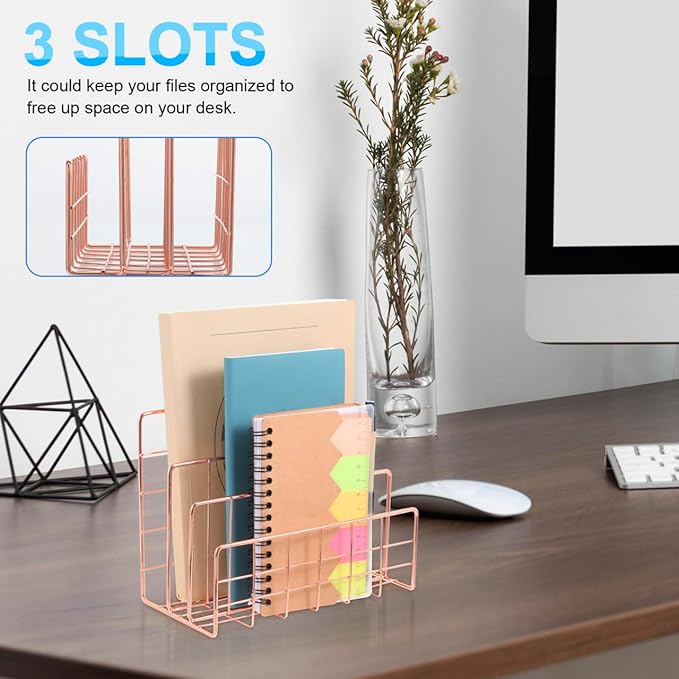 File Holder for Desk: No Wobbling 3 Slots Magazine Holder Office Desktop File Sorter Organizer for Folders Binders, Rose Gold