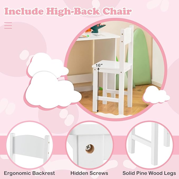 HONEY JOY Kids Desk and Chair Set, Wooden Children School Study Table and Chair w/Whiteboard, Hutch, Storage Shelves, Student Writing Desk Computer Workstation for Bedroom, 3+ Years Old (White)