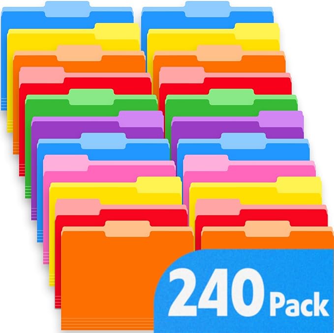 240 Pack Colored File Folders, 1/3 Cut Tab File Folders Letter Size 8.5 x 11 Inch, Assorted 8 Colors Filing Folder for Office School Business