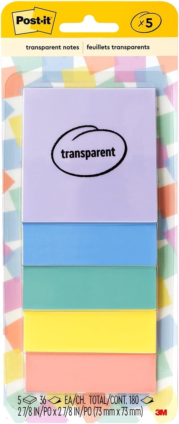 Post-it Transparent Sticky Notes,�2.8" x 2.8", Assorted Colors, 36 Sheets/Pad, 5 Pads/Pack (600-5PASTEL)