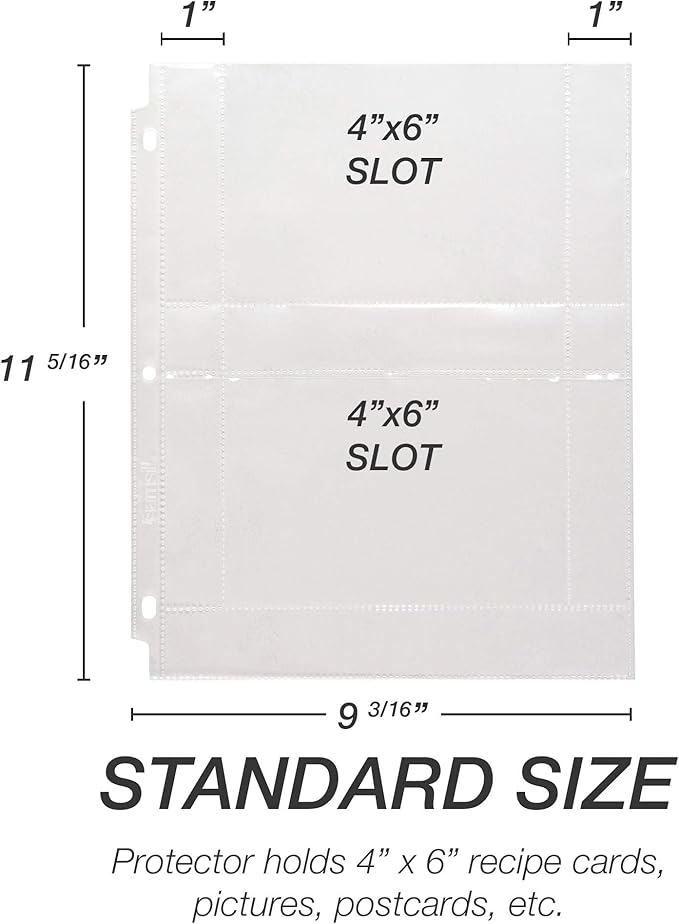 Samsill Recipe Card Page Protectors for 8.5 x 11 Recipe Binder, 4 x 6 Pockets, 2 Pockets, 50 Count, Recipe Book Pocket Page Refill Sheets, Side Margin Loading, for 8.5 x 11 Standard 3 Ring Binders