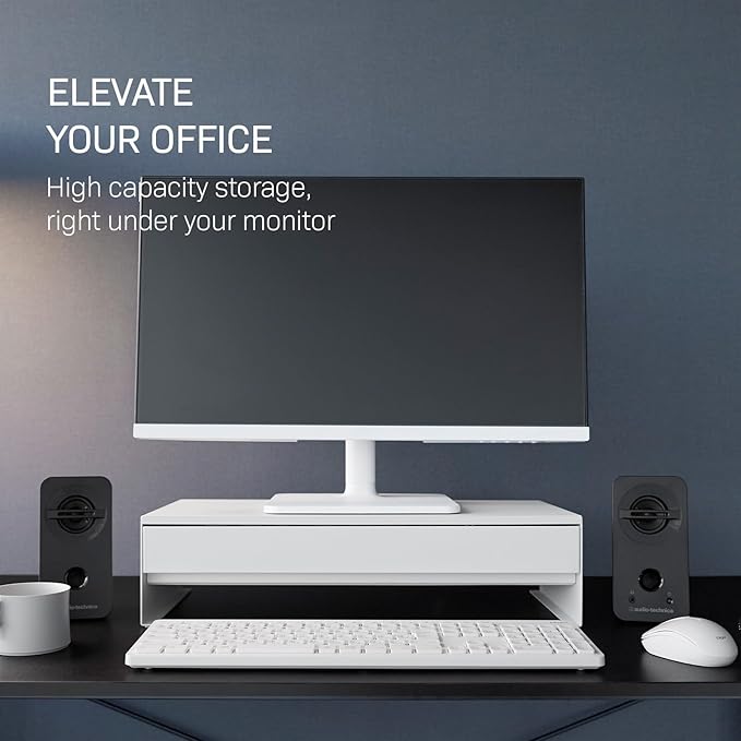 YAMAZAKI Home Tower Monitor Stand With Drawer – Monitor Riser With Storage, Desk Monitor Stand With Cable Management, Gaming Organizer, Steel, Black - Steel