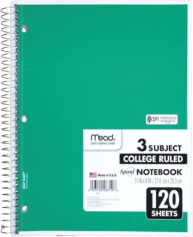 Mead Spiral Notebook, 3 Subject, College Ruled Paper, 8" x 11", 120 Sheets, Color Will Vary (820394-25)