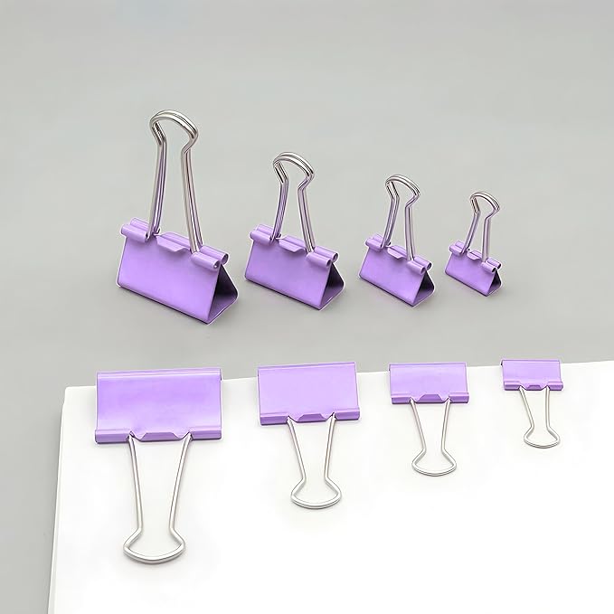 130 Pack Macaron Purple Binder Clips Assorted Sizes, Large Medium Small Mini 4 Sizes Mix, Paper Clamps Metal Paper Clips Set for Office School Home Business Supplies
