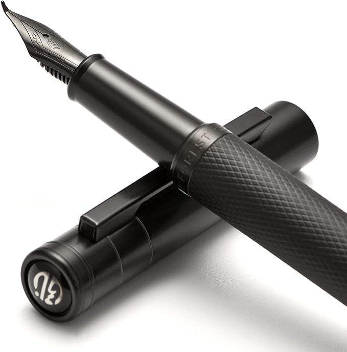Brushed Black Forest Fude Pen, Bent Nib Calligraphy Fountain Pen (Fine to Broad) with Converter and Metal Box Set by Asvine