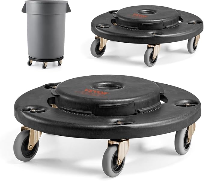VEVOR Trash Can Dolly, Fit 20, 32, 44, 55 Gallon Containers, 2 Packs Round Trash Can Roller Base with 4 Swivel Wheels, 500lbs Heavy Duty Barrel Dolly, Multi-Functional Rolling Cart