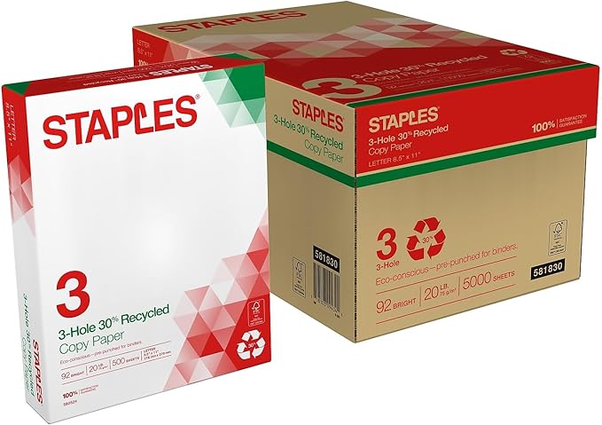Staples Recycled 8.5 x 11-Inch, 3-Hole Punched Copy Paper 20 lb 92B 500/Ream 10 Ream/Count