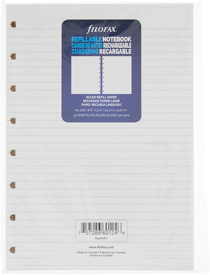 Filofax Notebooks A5 Ruled Journal Refill, Movable, 8 1/4 x 5 13/16 inches, 32 Cream Sheets Fits Filofax Refillable A5 (B152008U)