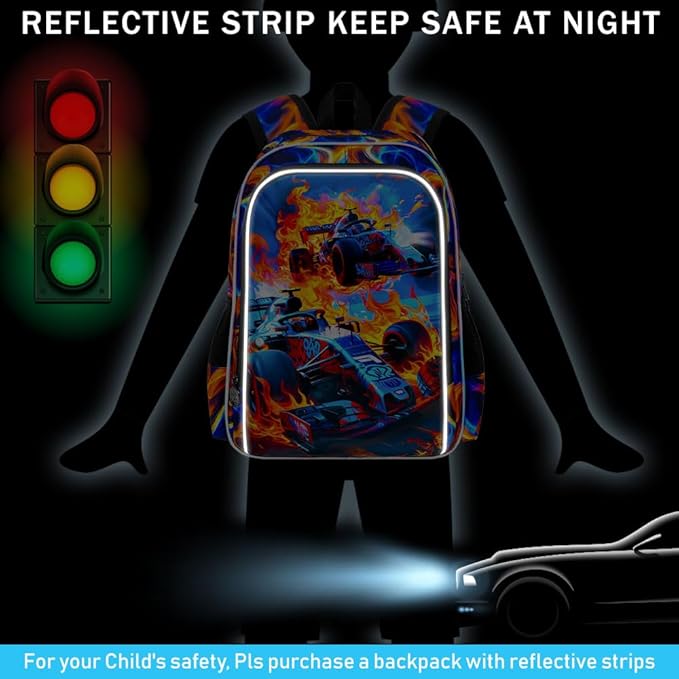 KLFVB 3PCS Boys Backpack, 17" Race Car Bookbag and Lunch Box, Water Resistant Teenagers School Backpacks for Middle Elementary - Flame Race Car