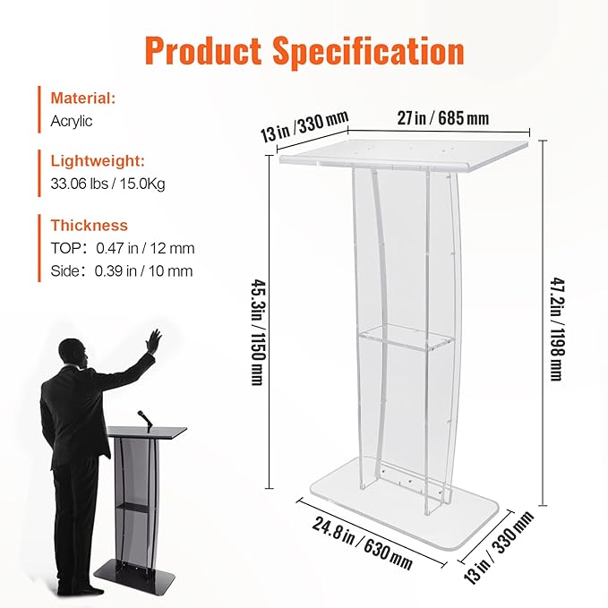 VEVOR Acrylic Podium, 47" Clear Acrylic Podium Stand with Wide Reading Surface & Storage Shelf, Floor-Standing Clear Pulpits Acrylic for Church Office School