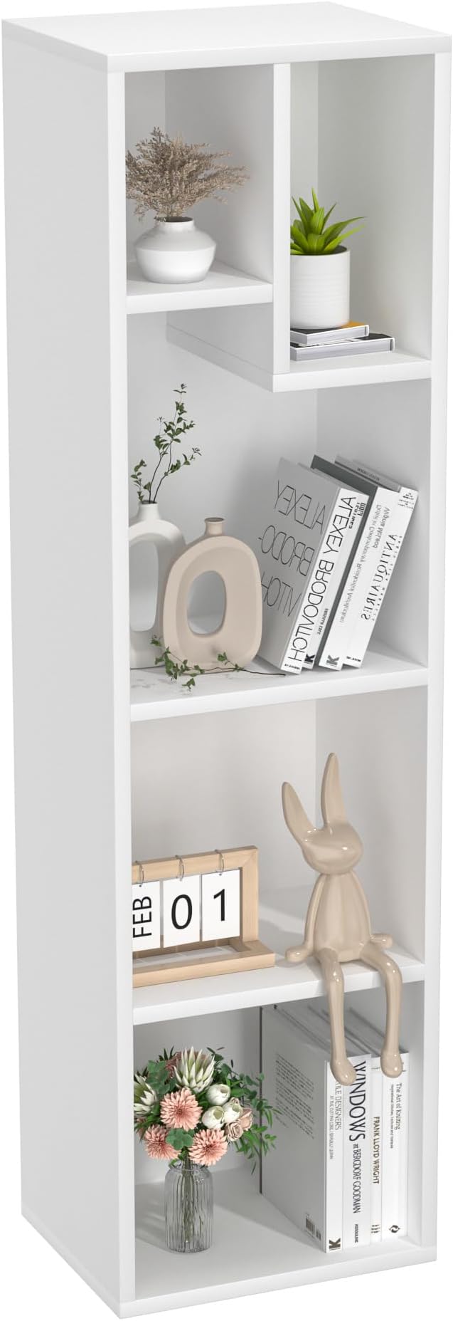 VECELO Small White Bookshelf, 5 Cube Slim Bookcase, Fits Tallest Hardcovers, Horizontal Available, Modern Floor Standing Unit, Each Shelf Hold Up to 66 LBS,White