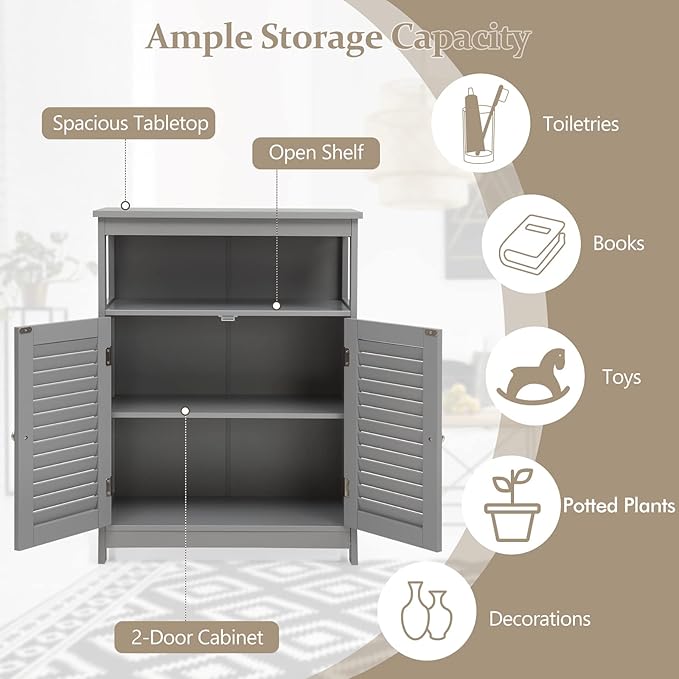 COSTWAY Bathroom Storage Cabinet, Wooden Side Storage Organizer with Louver Doors & Removable Shelf, Freestanding Floor Cabinet for Living Room, Kitchen, Entryway (Grey)