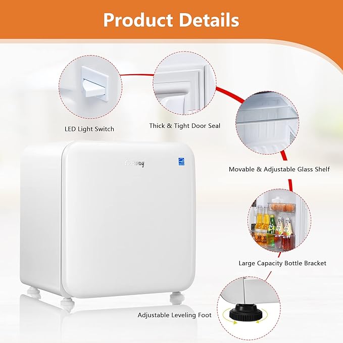 COSTWAY Compact Refrigerator, 1.6 cu ft. Single Door Small Fridge with Adjustable Temperature 32℉ to 50℉, Auto Defrost, Reversible Door, Removable Glass Shelves, Mini Fridge for Apartment (White)