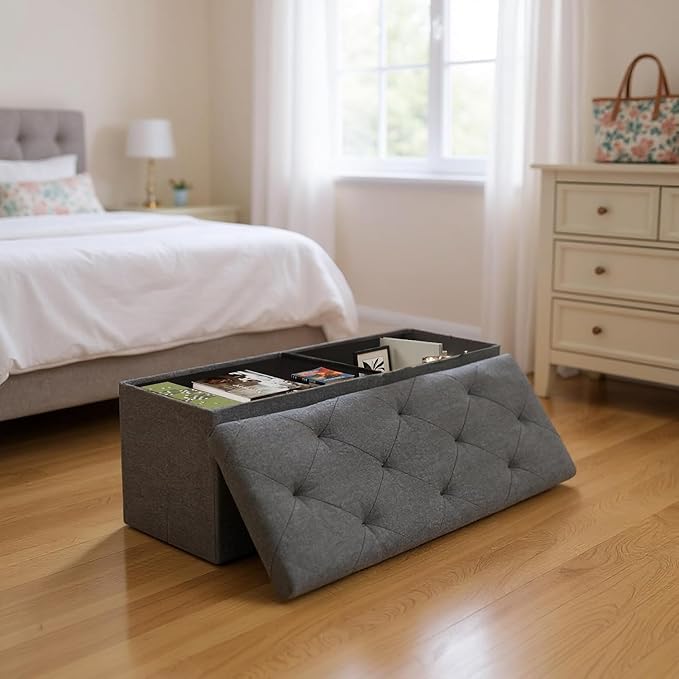 30 Inches Folding Storage Ottoman Bench, Ottoman Foot Rest, Storage Chest, End of Bed Foot Rest Stool with Padded Seat for Living Room, Bedroom, Entryway, Support 660lbs, Linen, Grey