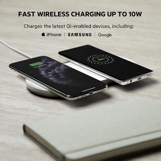 Belkin Quick Charge Dual Wireless Charging Pad - 10W Qi-Certified Charger Pad for iPhone, Samsung, Apple Airpods & More - Charge While Listening to Music, Streaming Videos, & Video Calls - White