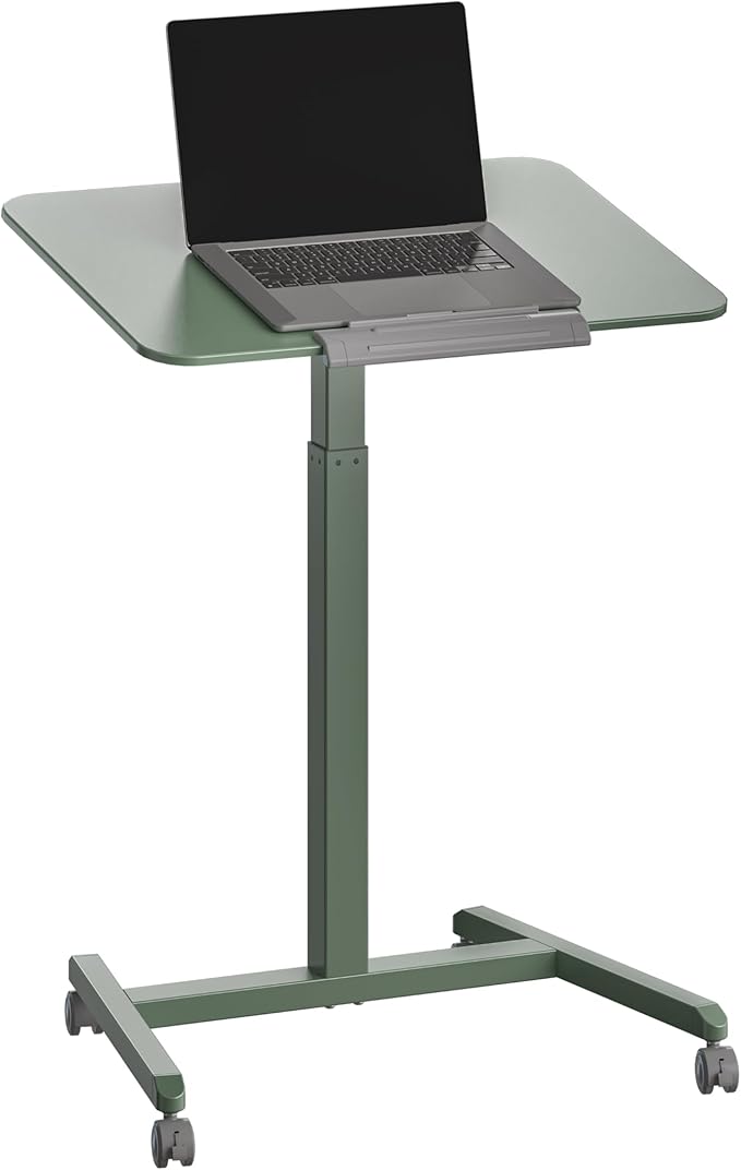 Seville Classics Airlift Height Adjustable Pneumatic Laptop Sit Stand Desk Mobile Rolling Cart, Computer Workstation for Home Office, Classroom, Sage Green, 25.6" Tilting Desktop