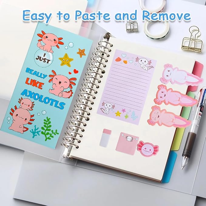 QPIXVB Cute Sticky Notes,Axolotl Sticky Notes Set,Axolotl Gifts,Post It Notes,440 Sheets,Back to School Supplies,Axolotls Birthday Party Decorations,Animal Writing Memo Pads for Kids Employee