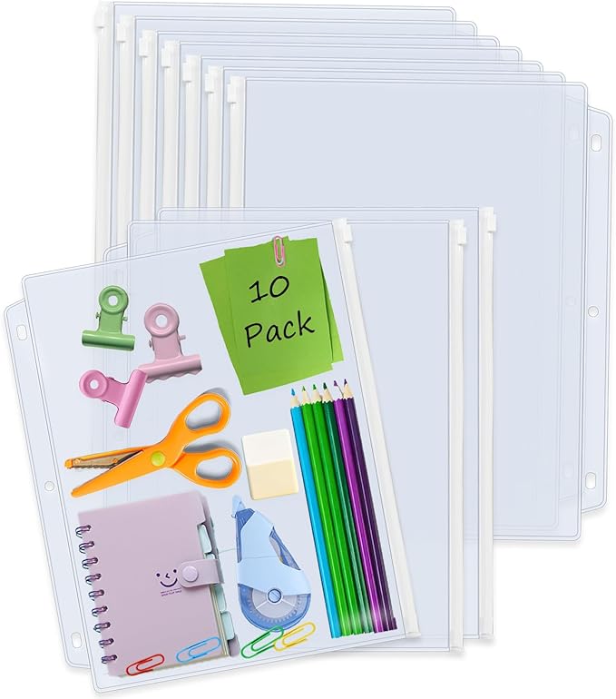 Binditek 10 Pack Plastic Zippered Binder Pockets, 3-Hole Punched for 3 Ring Binder, Clear PVC with White Zippers, Waterproof Loose Leaf Bag Pouch for Document Filing and Storage