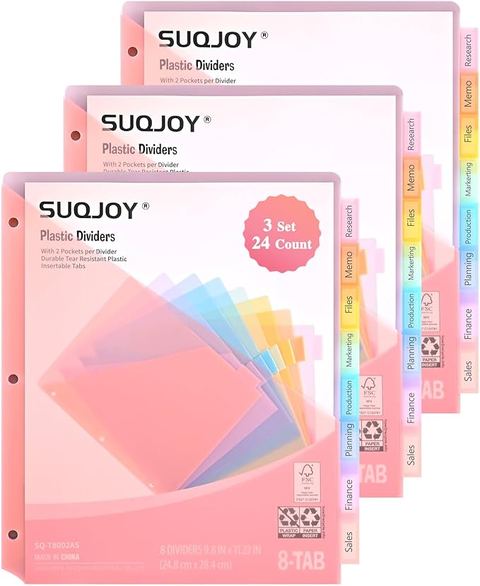 8-Tab Dividers for 3 Ring Binder, 24 Count Binder Dividers with Pockets, Subject Dividers, 3-Hole Plastics Sheets Protectors for US Letter Size in 0.5", 1",2" Binders, Pastel 8 Color, 3 Packs