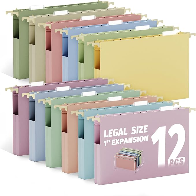 Ansook Legal Size Hanging File Folders Extra Capacity,Heavy Duty 1'' Expandable File Folders with Tabs,12 Pack Pastel Plastic Hang Folders for Filing Cabinet,Desk File Organizer for Office School