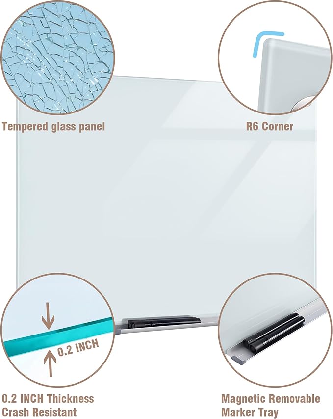 Mifuro Magnetic Glass Whiteboard，72"x48" Wall Mounted Frameless Dry Erase Board for Office, Home & School White