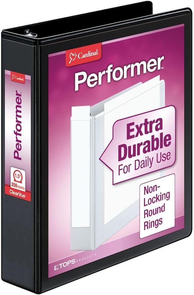 Cardinal 3 Ring Binder, Durable 1.5 Inch Performer ClearVue Binder, Round Rings, 350-Sheet Capacity, Customizable ClearVue Covers, PVC-Free, Black (67325)