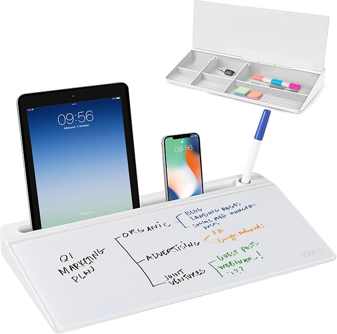 VIVO Glass 16 x 7 inch Dry Erase Board with Storage, Desktop Whiteboard Organizer with Hidden Compartments and Device Slot, DESK-WB16A