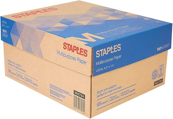 Staples Multipurpose Paper, 8 1/2 inch x 14 inch, Case, For Office, School & Home