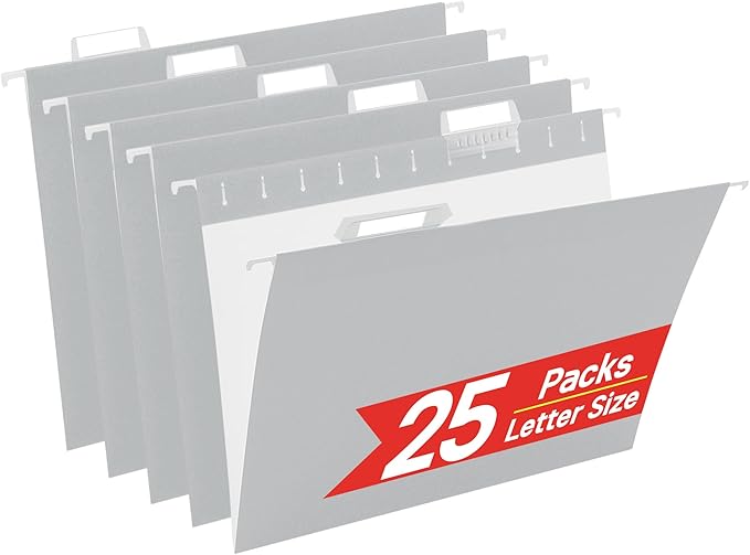 Grey Hanging File Folders,25 Packs Letter Size File Folder,Designed for Bulky Files,Filing Cabinet,1/5 Adjustable Tabs for Office,School,Home