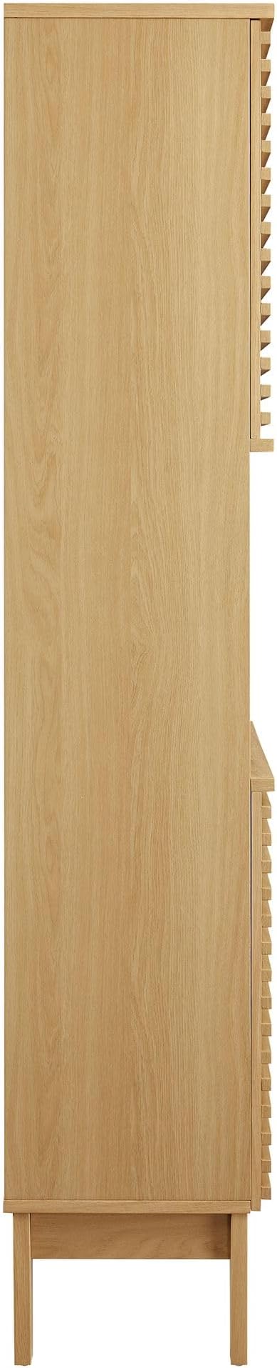 Modway Render Tall Bathroom Storage Tower in Oak - 63” Freestanding Linen Cabinet with Open Shelves and 4 Soft-Close Doors - Towel and Makeup Organizer