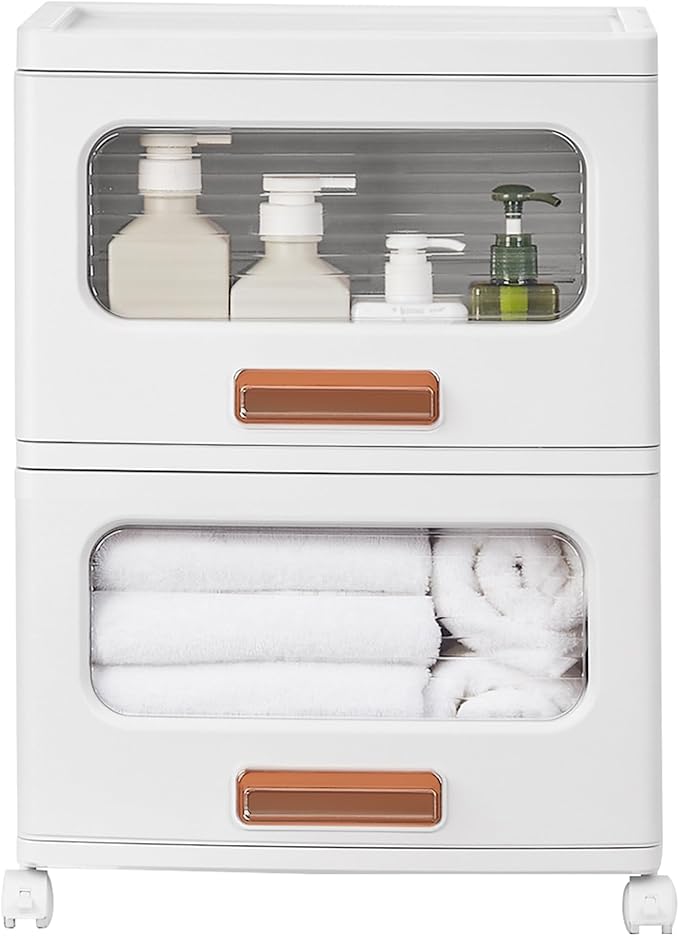 VECELO Storage Cabinet with Drawer, Pull-Out Stackable Bins with Wheels, Waterproof Modular Organizer, Multi-Tier Closet Storage for Bedroom, Living Room & Bathroom, Medium 2-Tier