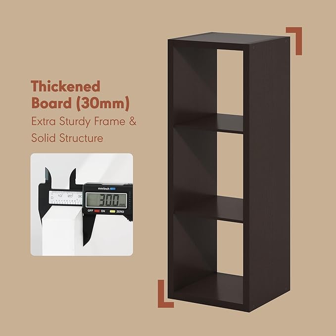 Furinno Cubicle Record Player Stand with Vinyl Storage, 3-Cube 1.2 Extra Thick Vinyl Record Storage, Open Back Media Shelf for CD DVD Blueray Game Disc, for Living Room, Home Office, Black Dark Oak
