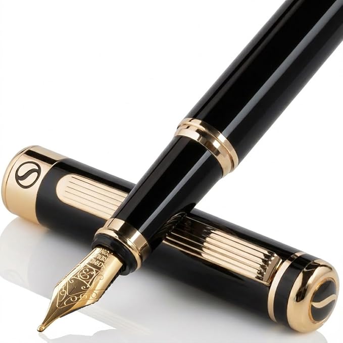 Scriveiner Luxury Fountain Pen - Stunning Black Lacquer Pen, Real Gold Finish, Schmidt Gilded Nib (Broad), Converter, Best Pen Gift Set for Men & Women, Professional, Executive, Office, Nice Pens