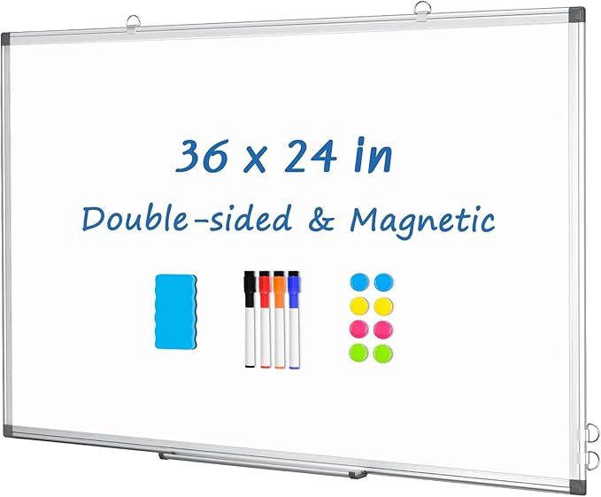 DOLLAR BOSS Dry Erase Board, 36 x 24 Inch Double-Sided Magnetic Whiteboard for Wall Silver Aluminum Frame for Office School Home with 8 Magnets 4 Markers 1 Eraser 1 Detachable Pen Tray