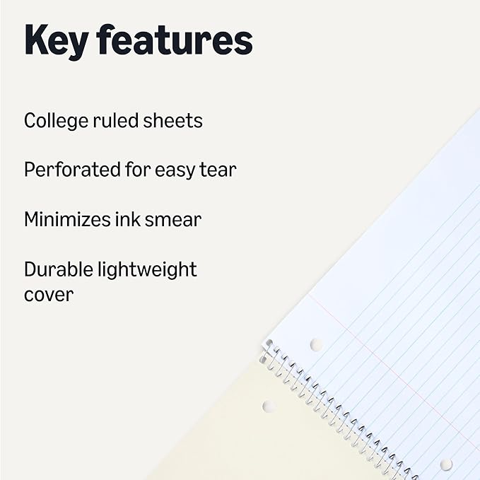 Amazon Basics College Ruled Spiral Notebook, For Work and School, 70 Sheets, 8" x 10.5", Assorted Primary Solid Colors, 3 pack