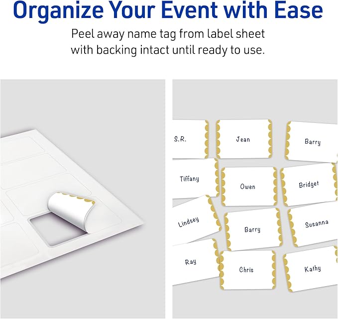 Avery Printable Rectangle Adhesive Name Tags, Gold Dots Edge Design, 2-1/3" x 3-3/8", Matte White Removable Name Tags, Laser/Inkjet, 80 Total, Great for Name Badges