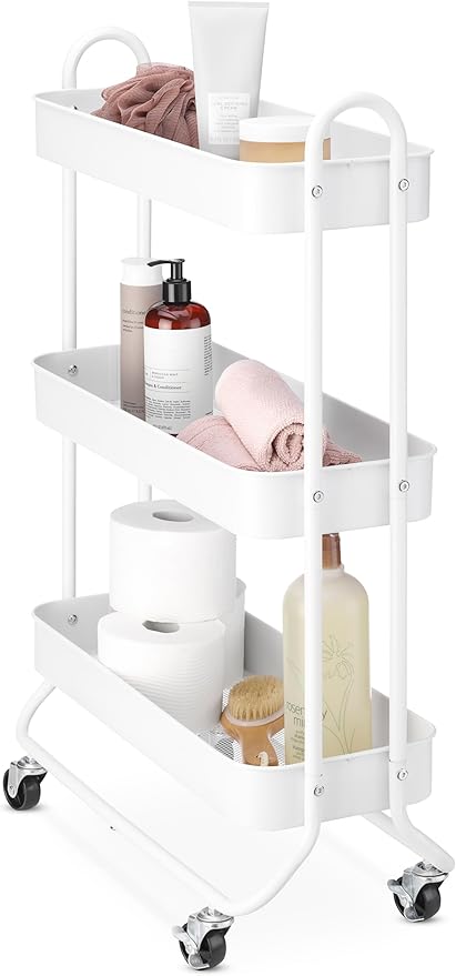 Whitmor 3-Tier Slim Cart - Kitchen, Pantry, Bathroom Rolling Storage Cart - White