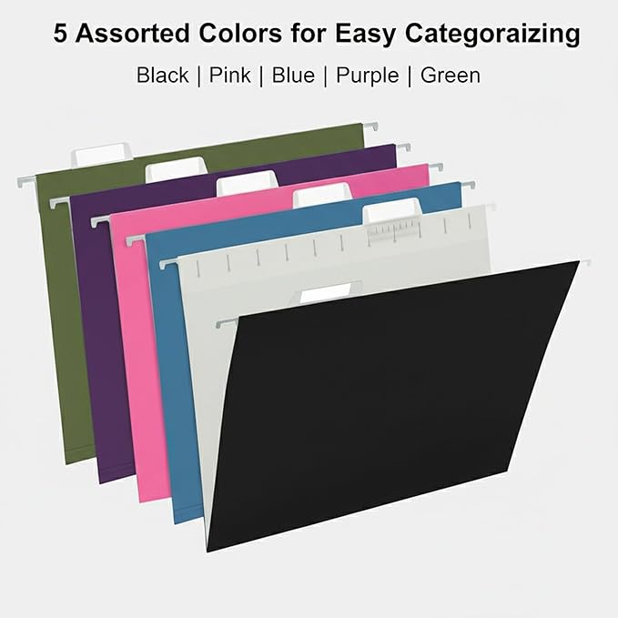 25 Packs Hanging File Folders,Assorted Color Letter Size File Folder,Designed for Bulky Files,Filing Cabinet,1/5 Adjustable Tabs for Office,School,Home(Black,Blue,Pink,Purple,Standard Green)