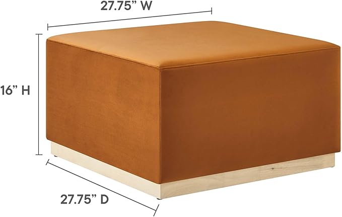 Modway Tilden 28 Inch Square Performance Velvet Upholstered Ottoman in Rust Natural - Large Ottoman Foot Rest with Rubberwood Plinth Base, Living Room Ottoman Coffee Table - Velvet Ottoman Table