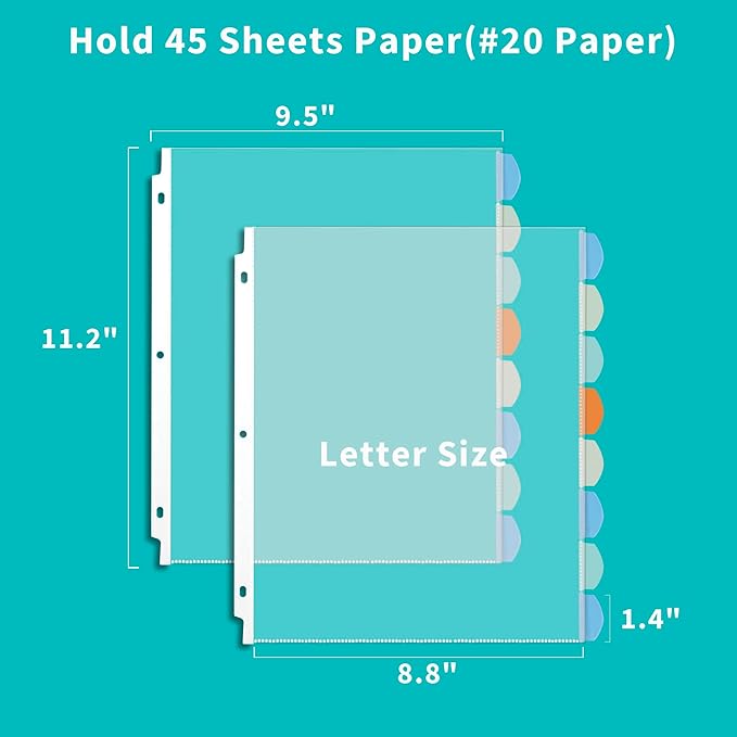 Binditek 128 Pack Heavyduty Clear Sheet Protectors with 8 Tabs, 45 Sheets Capacity, 8.5 x 11 inch Plastic Dividers for 3 Ring Binder, Insertable Index Divider, Letter Size, 16 Set, Label Sticker