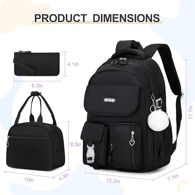Backpacks for Girls, 3PCS School Backpack with Lunch Box Pencil Pouch for Teen Girls Kids Elementary Primary Middle High College Travel School bag Bookbag Set （Black）