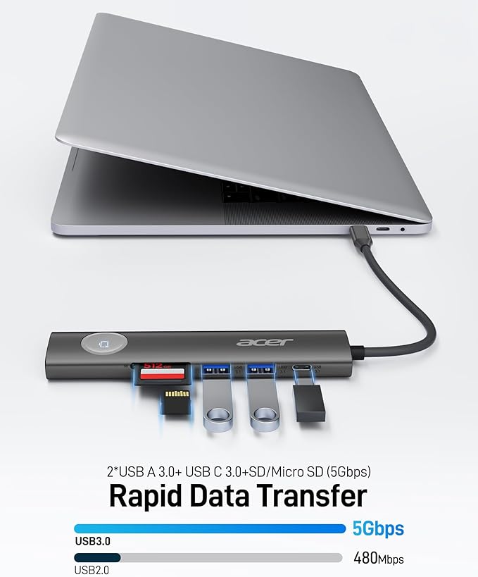 Acer USB C HUB Multiport Adapter, 7 in 1 USB-C to HDMI Adapter with 4K@60Hz, 100W PD, 5Gbps 2*USB-A 3.1, 1*Type-C 3.1, SD Card Reader Type C Dongle for iPhone 16/15, MacBook Pro/air, iPad, Acer(Black)